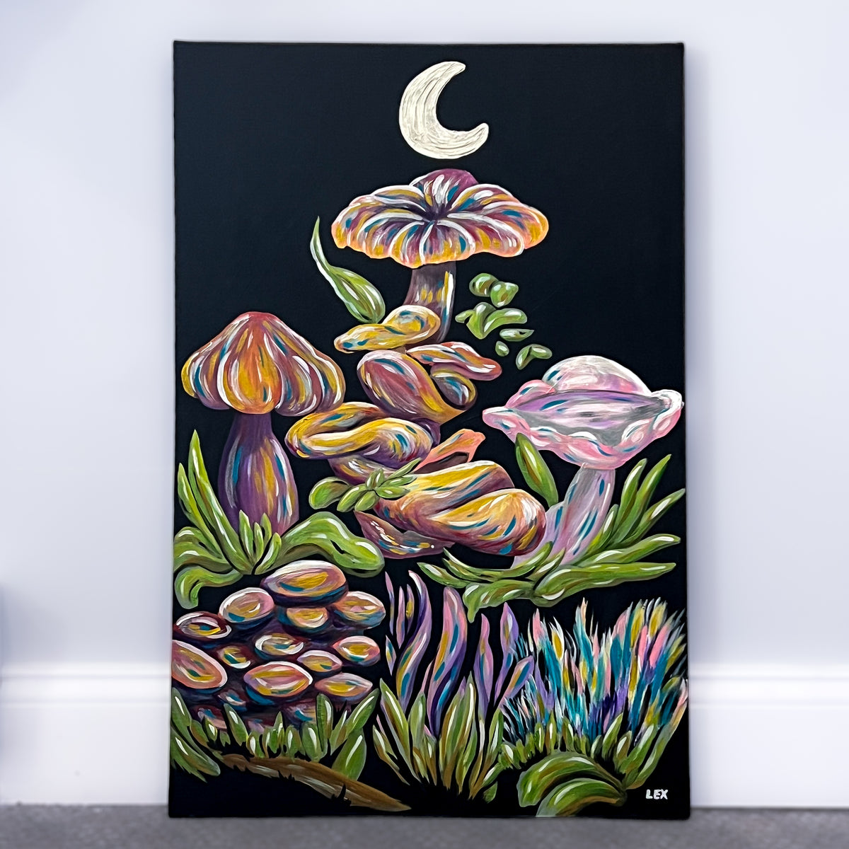 All That Grows Between original 20 by 30 inch acrylic mushroom painting by artist Alexis Rhoades