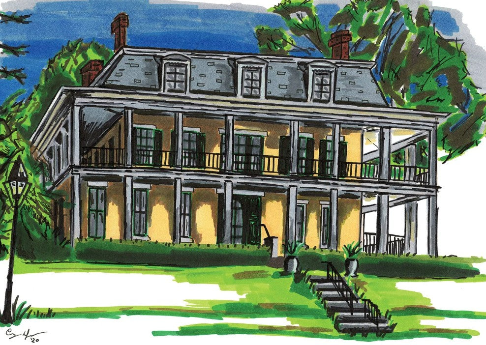 Illustration of a large yellow house with greenery around it known as Meadville's historic Baldwin Reynolds House by Artist Cruz Dragosavoc