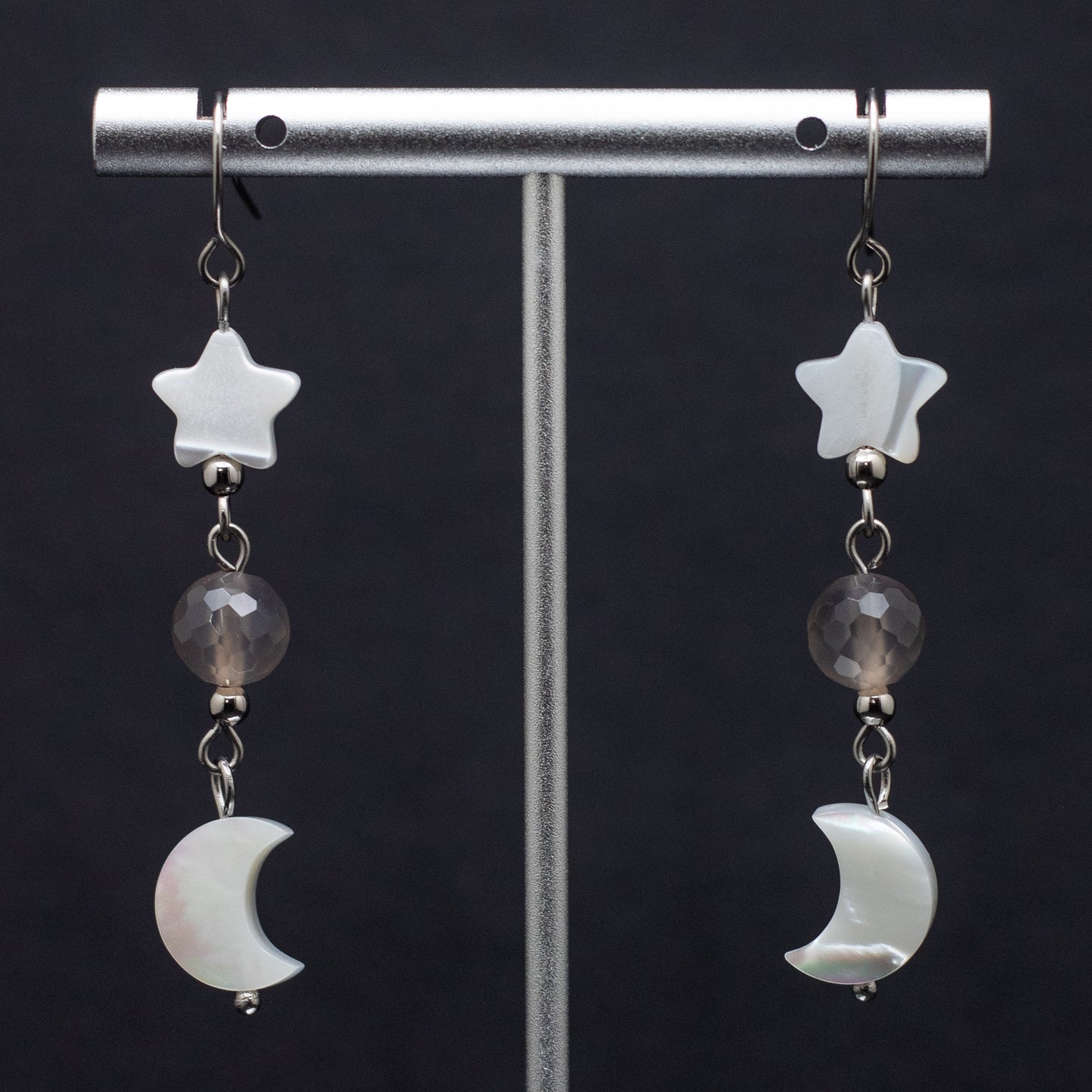 Mother of Pearl Moon & Star Earrings with Faceted Gray Agate