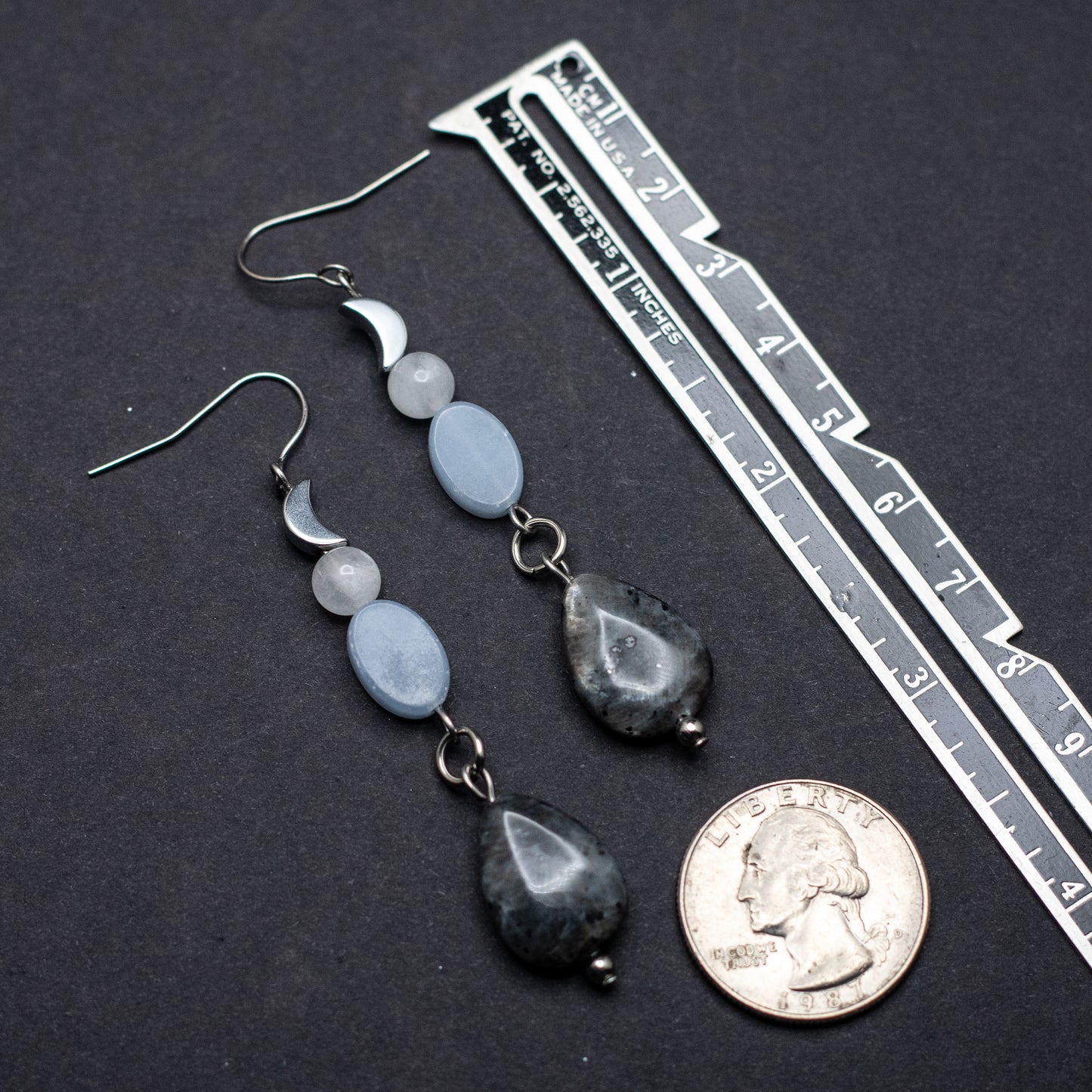 Larvikite, Angelite, Blue Moonstone & Hematite Moon Earrings