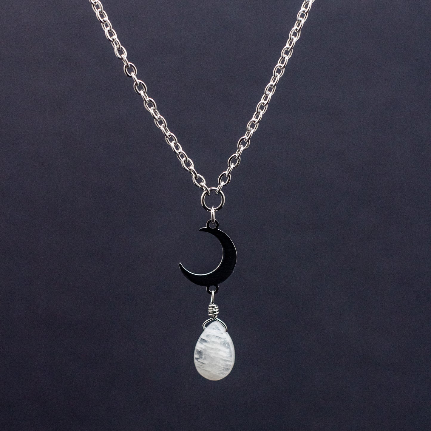 Blue Moonstone & Crescent Moon Necklace