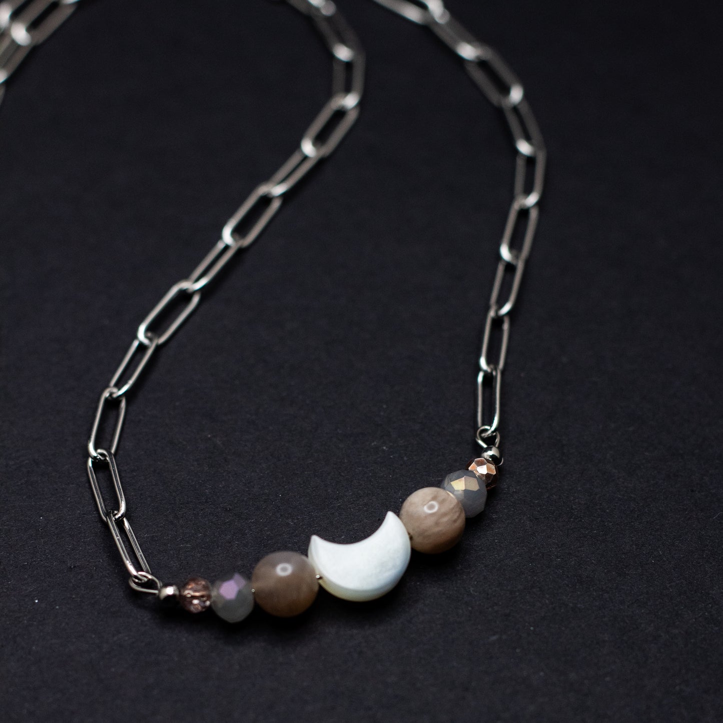 Mother of Pearl & Moonstone Crescent Moon Bar Necklace