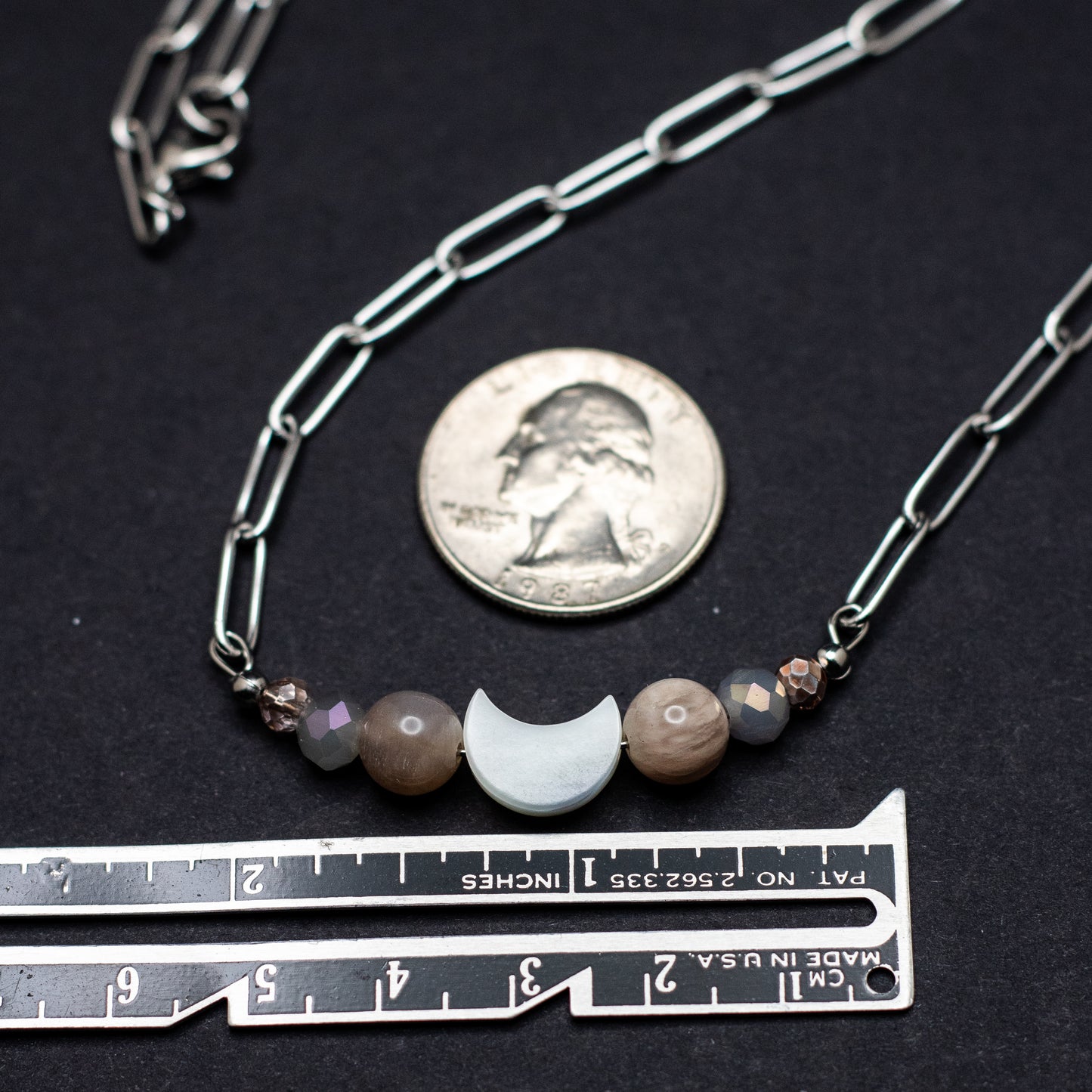 Mother of Pearl & Moonstone Crescent Moon Bar Necklace