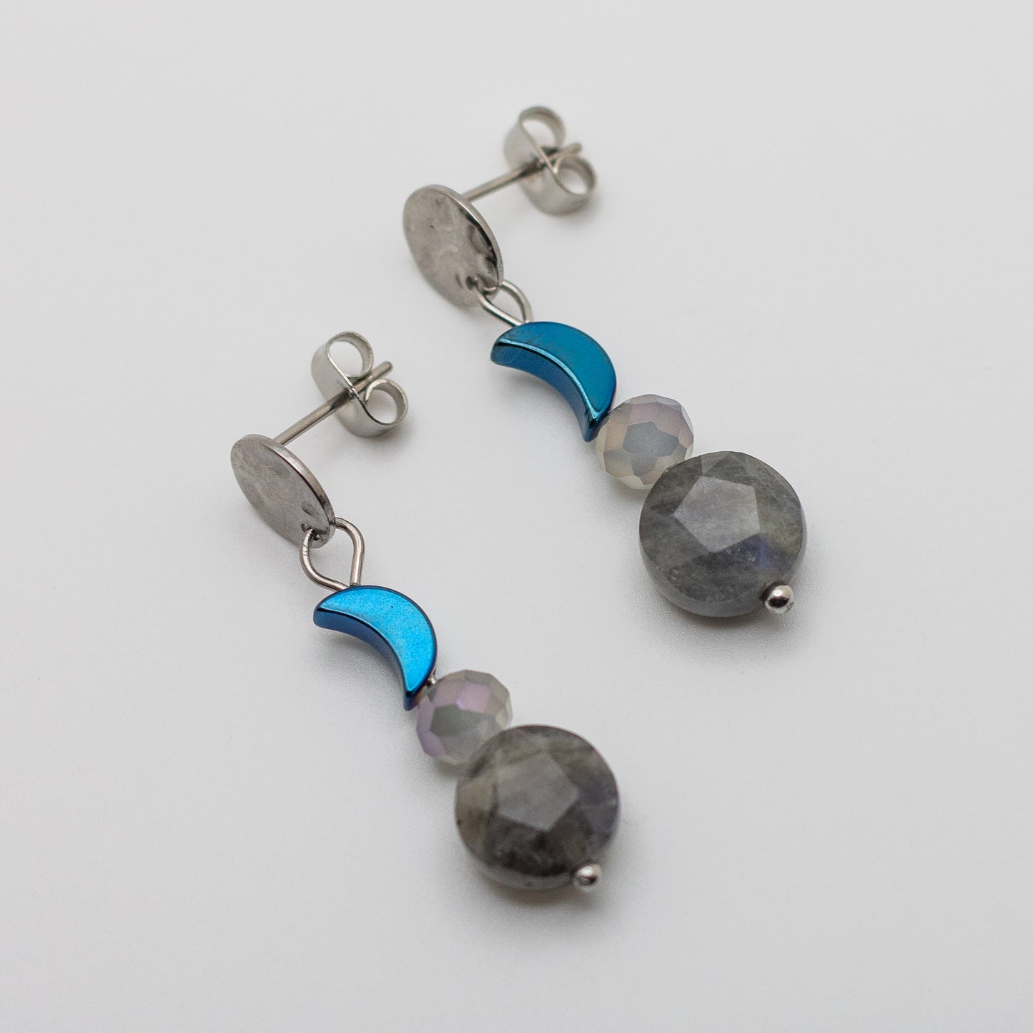Labradorite & Blue Hematite Moon Earrings