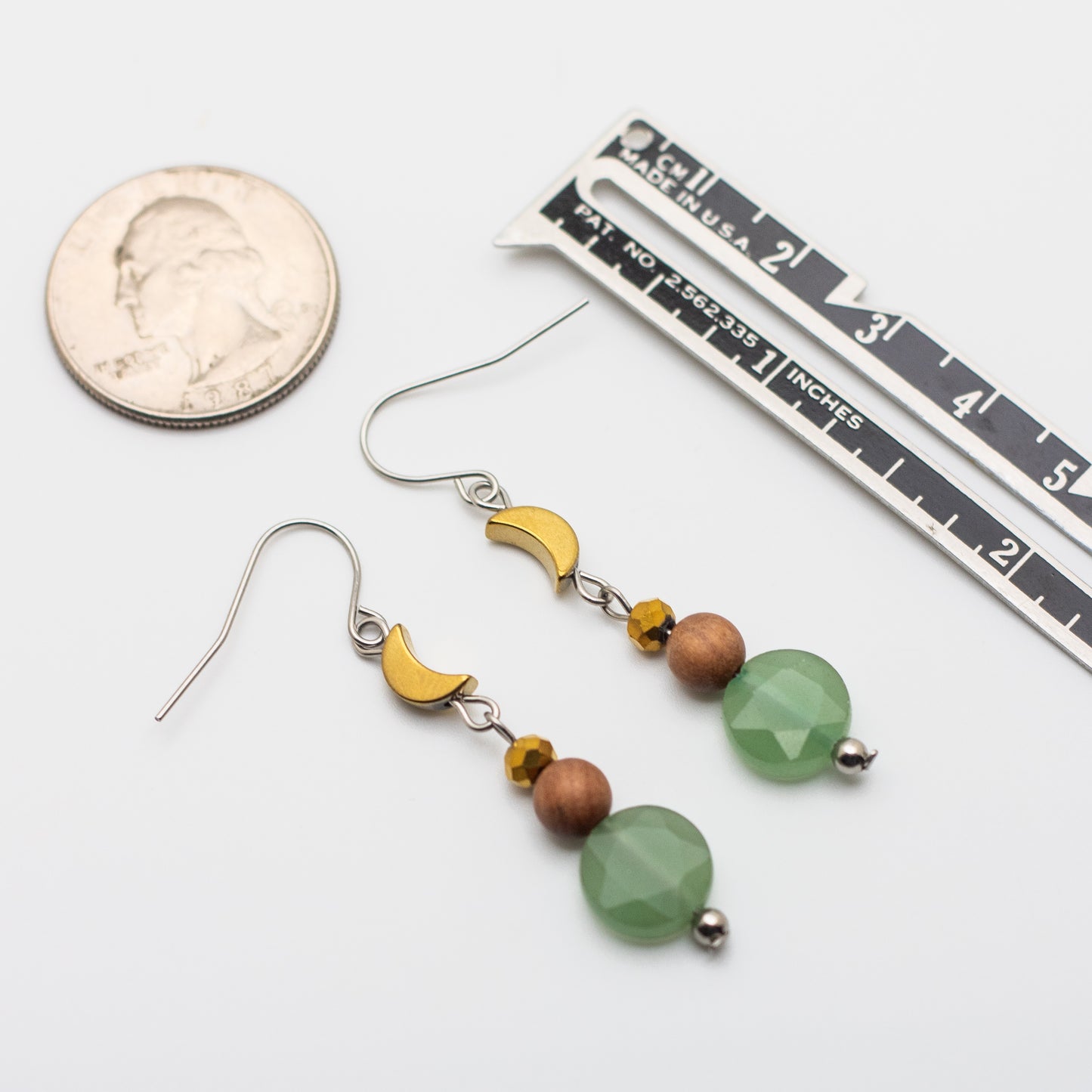 Green Aventurine, Sandalwood & Hematite Moon Earrings