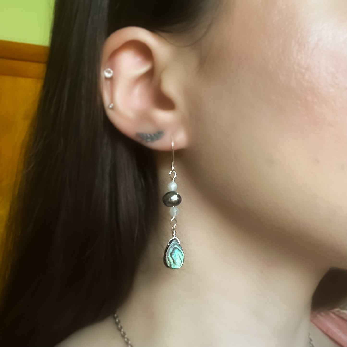 Abalone, Black Pearl & Moonstone Earrings (Sterling Silver)