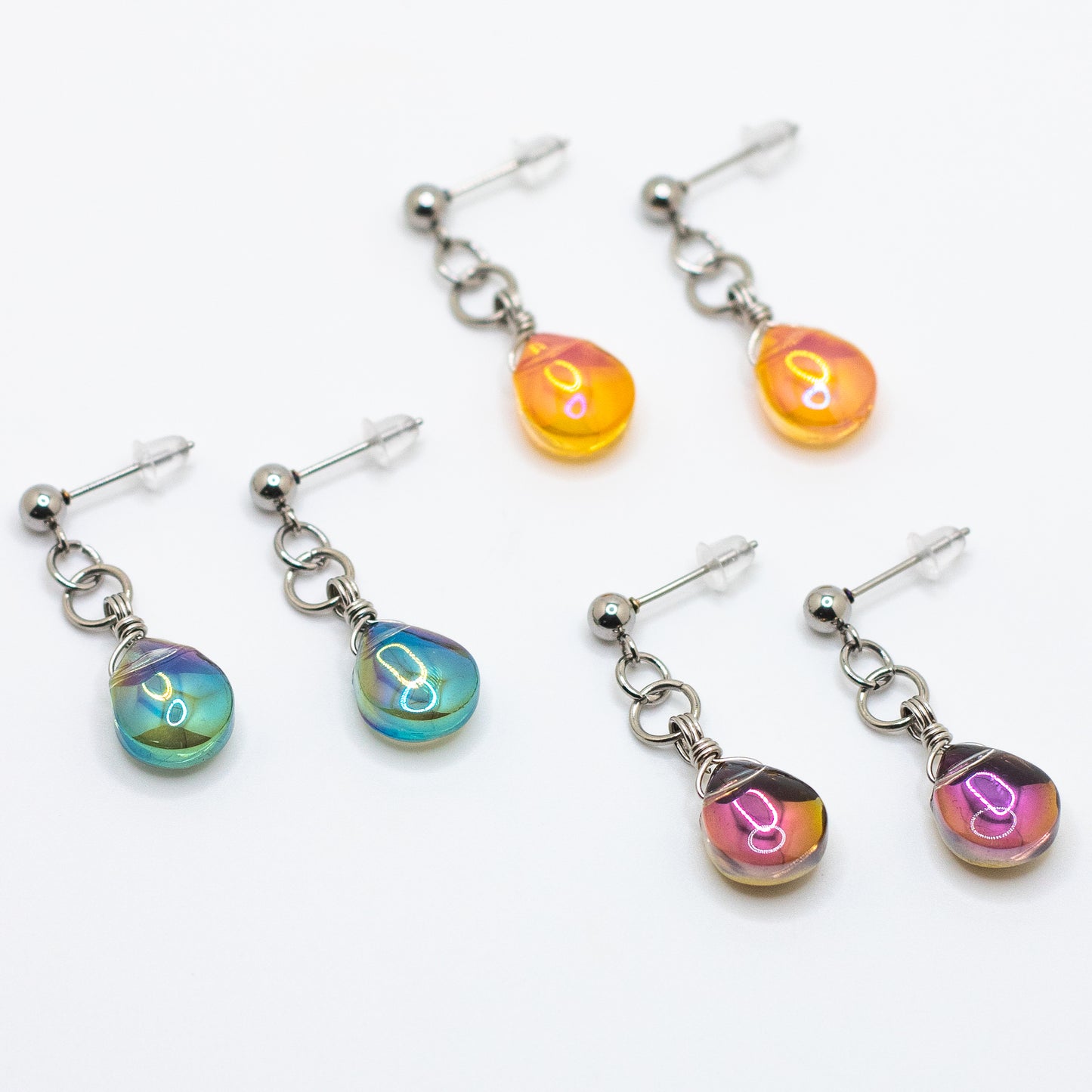Iridescent Glass Teardrop Stud-Base Earrings
