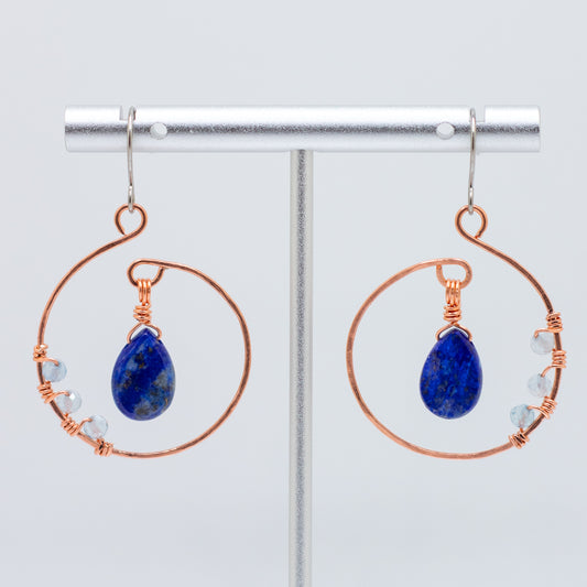 Copper Hoop Earrings with Lapis Lazuli & Aquamarine