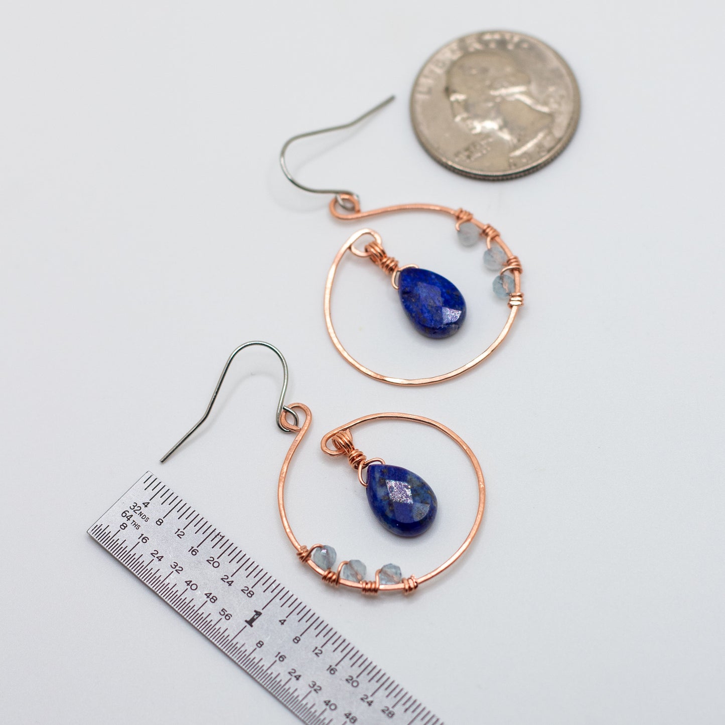 Copper Hoop Earrings with Lapis Lazuli & Aquamarine