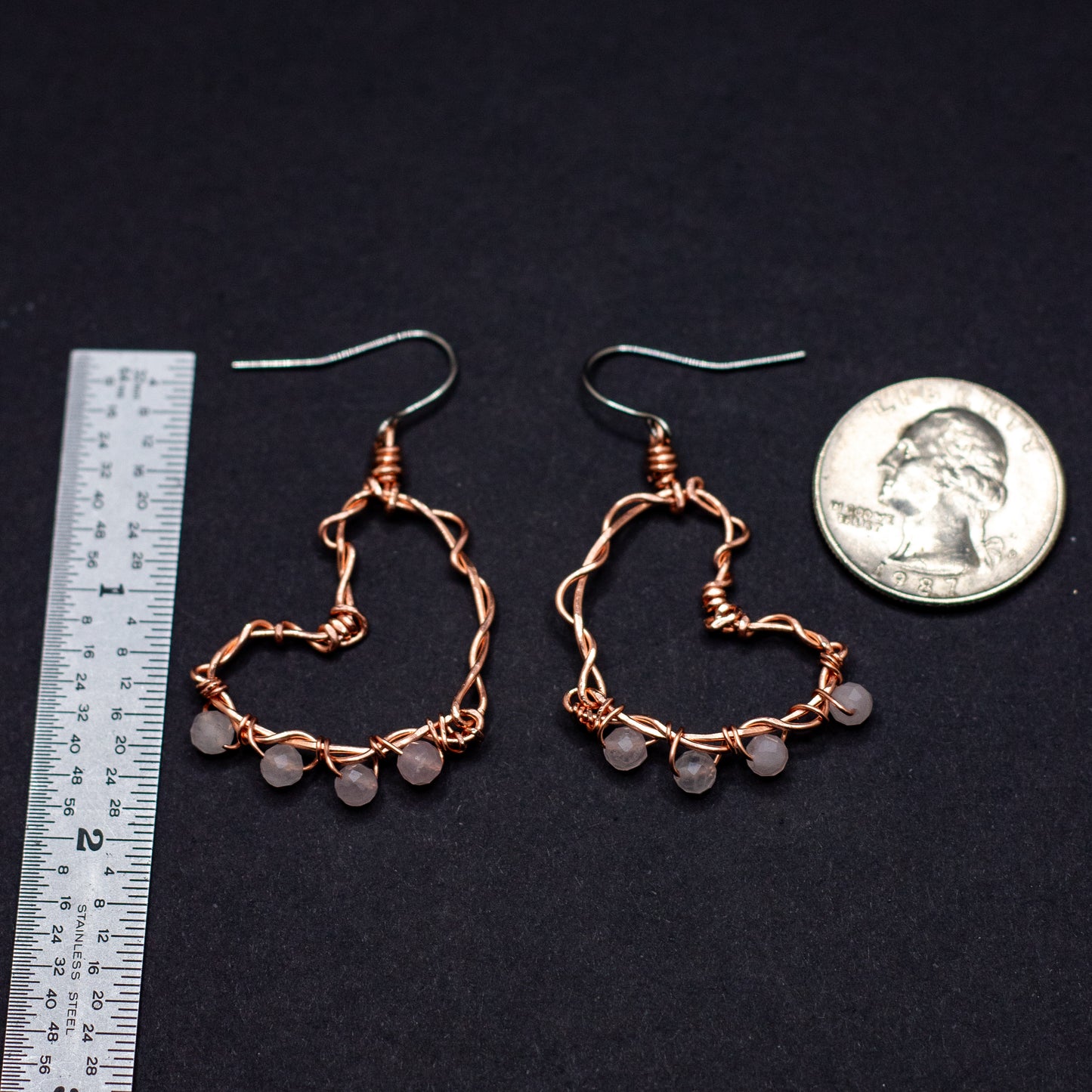 Copper Heart Earrings with Rose Quartz