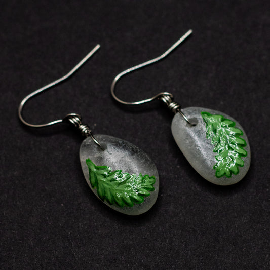 Hand-Painted Fern Nova Scotia Beach Glass Earrings