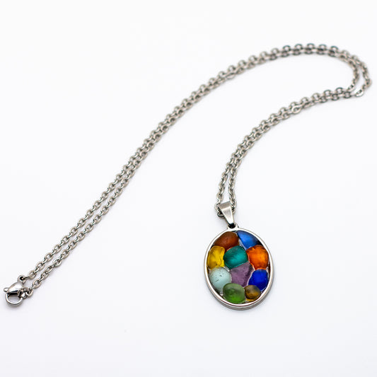 Nova Scotian Vibrant Beach Glass Oval Mosaic Necklace β Cobalt, Teal, Purple, Orange, Yellow, Amber, Green & Aqua