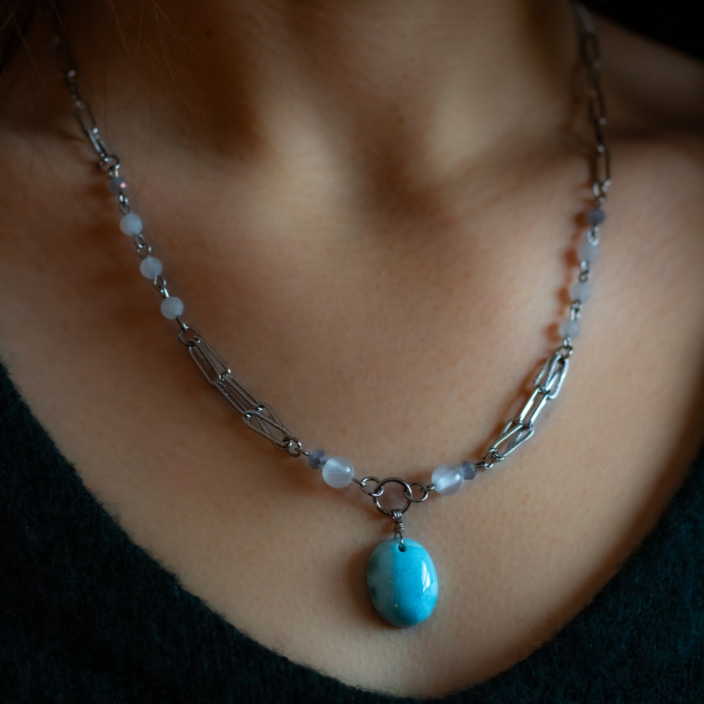 Larimar, Selenite & White Jade Necklace