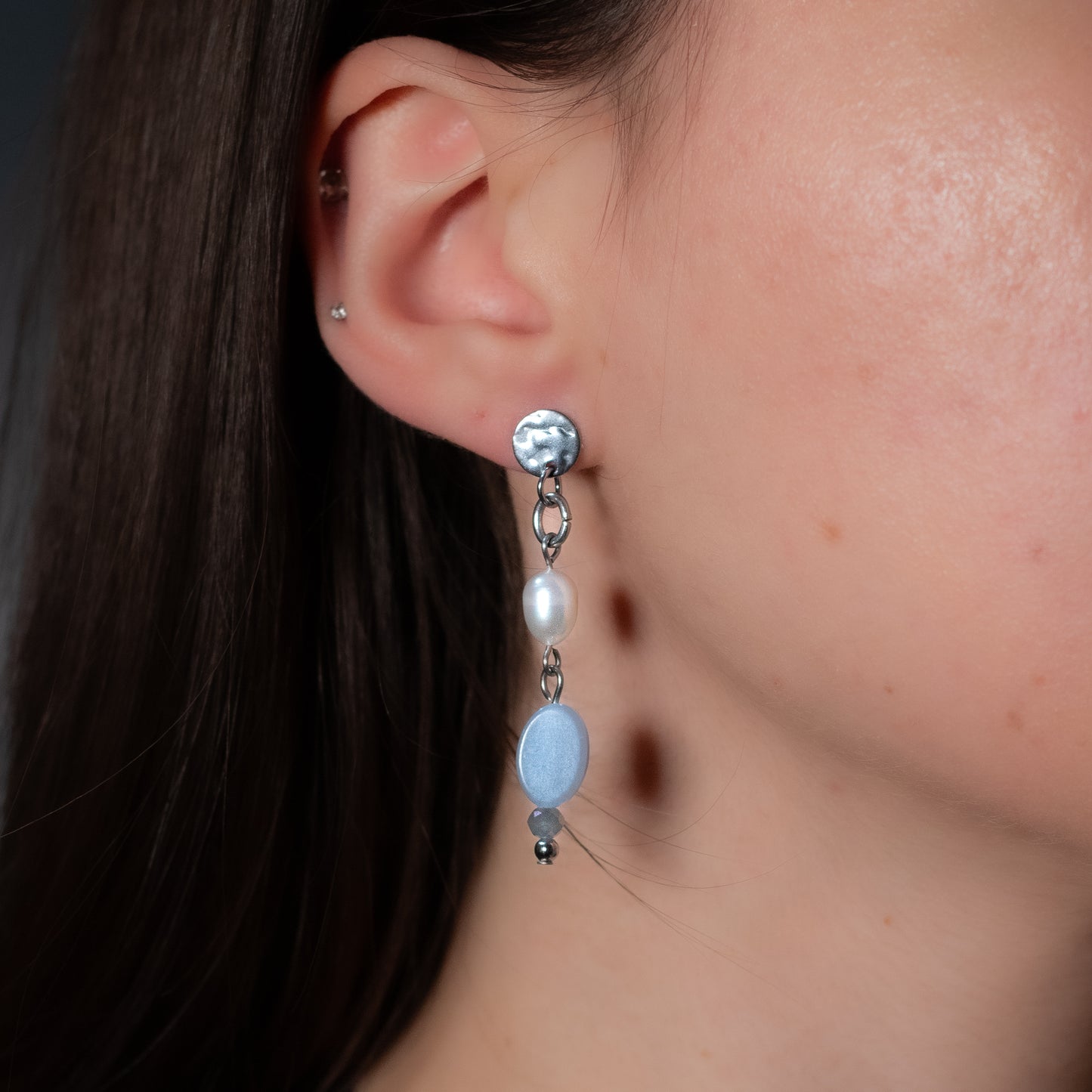 Angelite & Freshwater Pearl Textured Stud-Base Earrings
