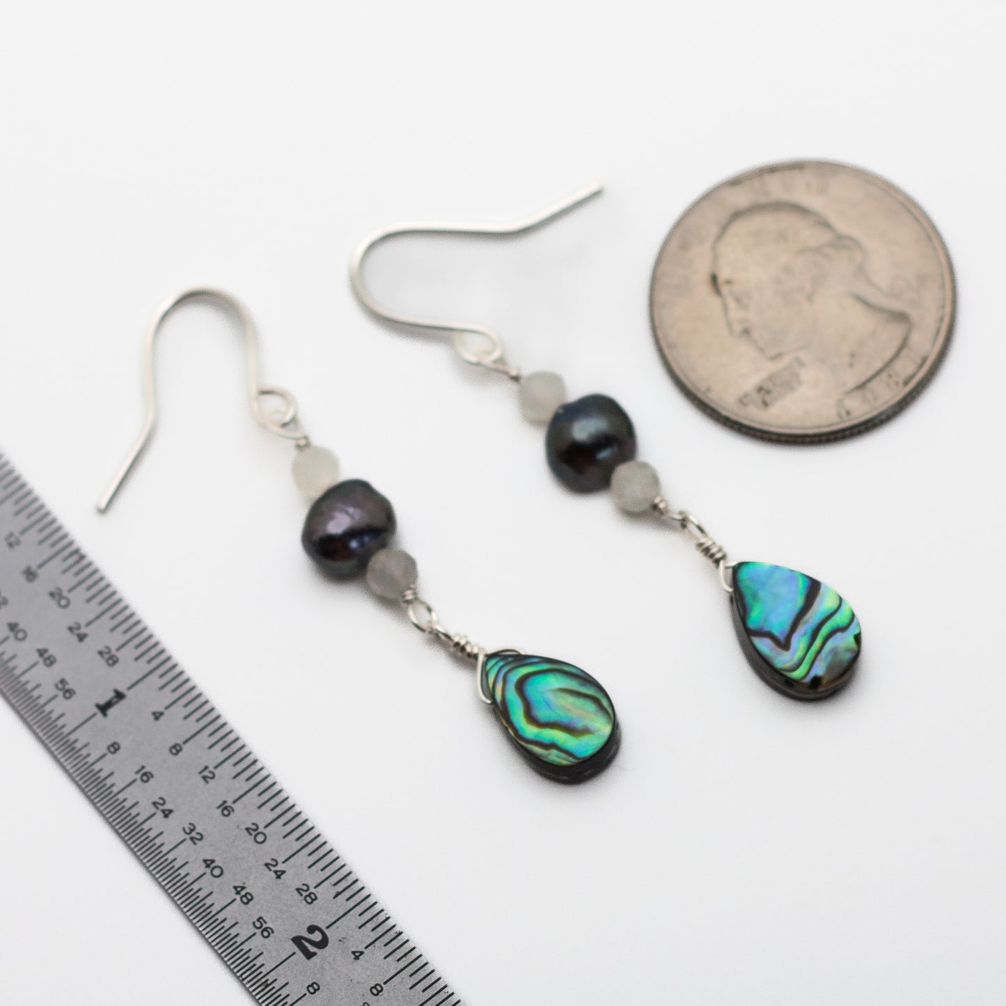 Abalone, Black Pearl & Moonstone Earrings (Sterling Silver)