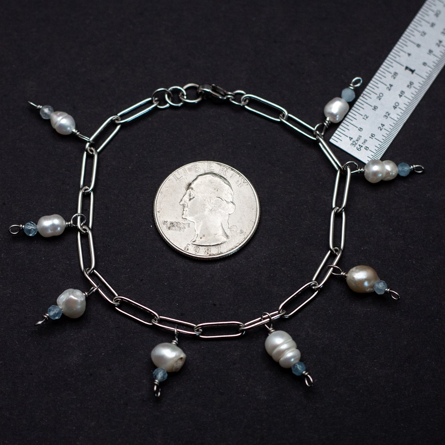 Charm Pearl + Aquamarine Paperclip Bracelet