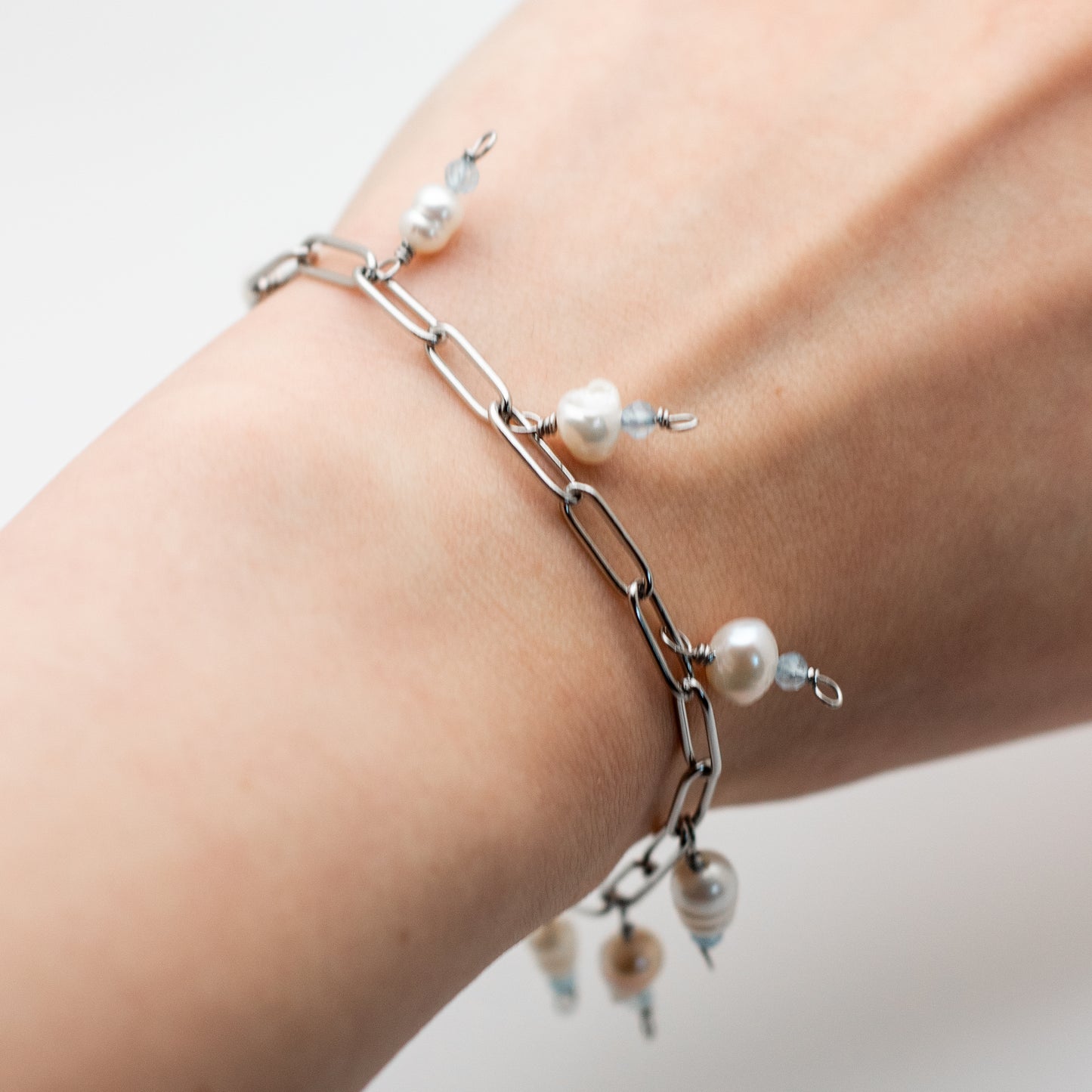 Charm Pearl + Aquamarine Paperclip Bracelet
