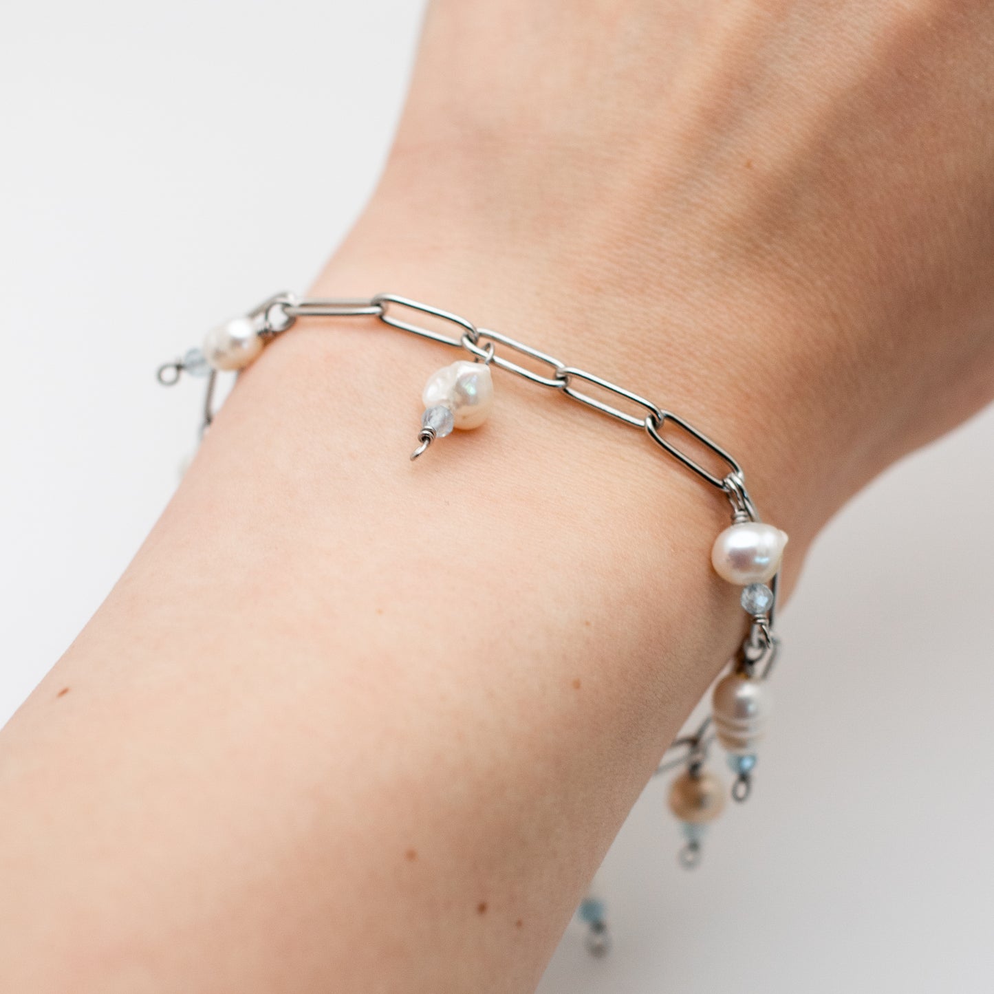 Charm Pearl + Aquamarine Paperclip Bracelet