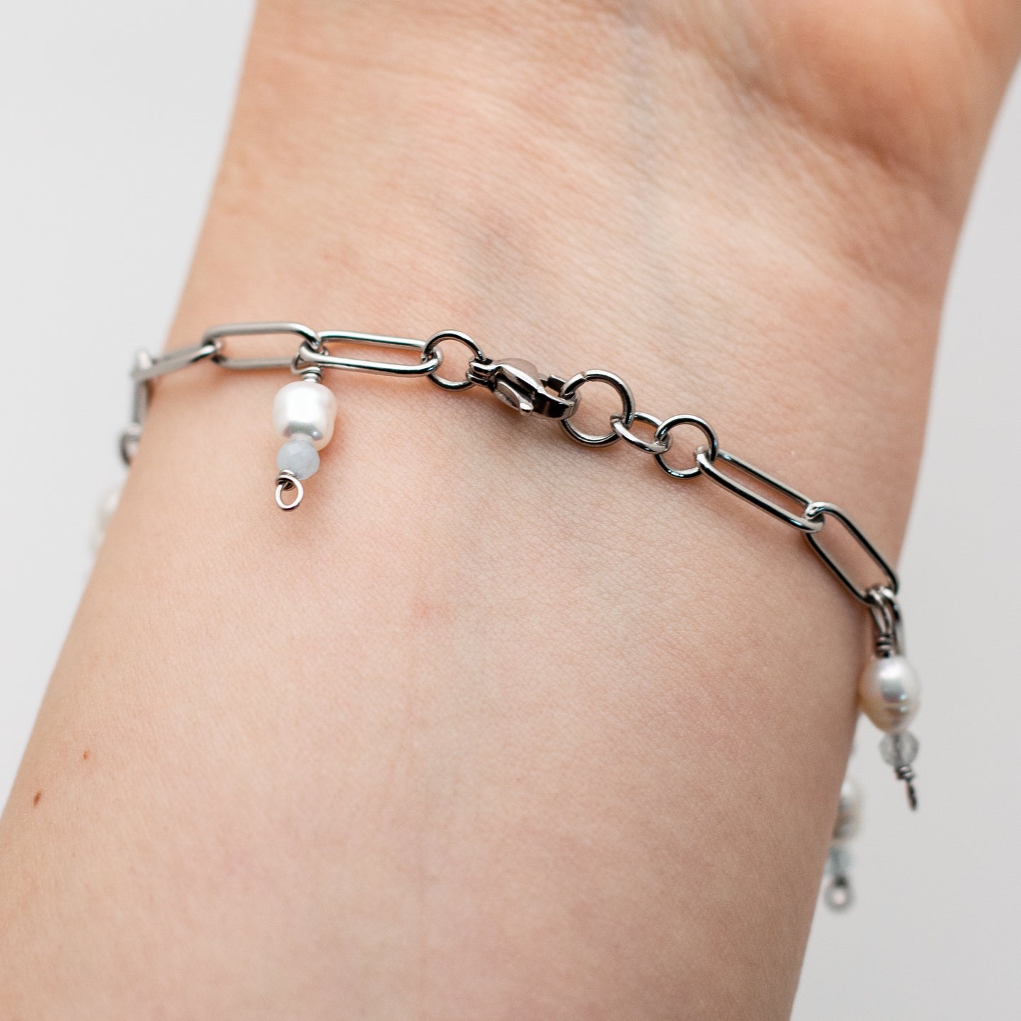 Charm Pearl + Aquamarine Paperclip Bracelet