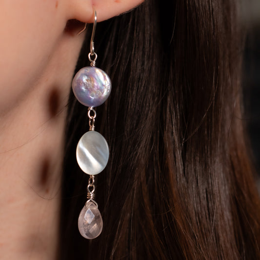 Coin Lavender Pearl, Black Shell & Rose Quartz Earrings (Sterling Silver)
