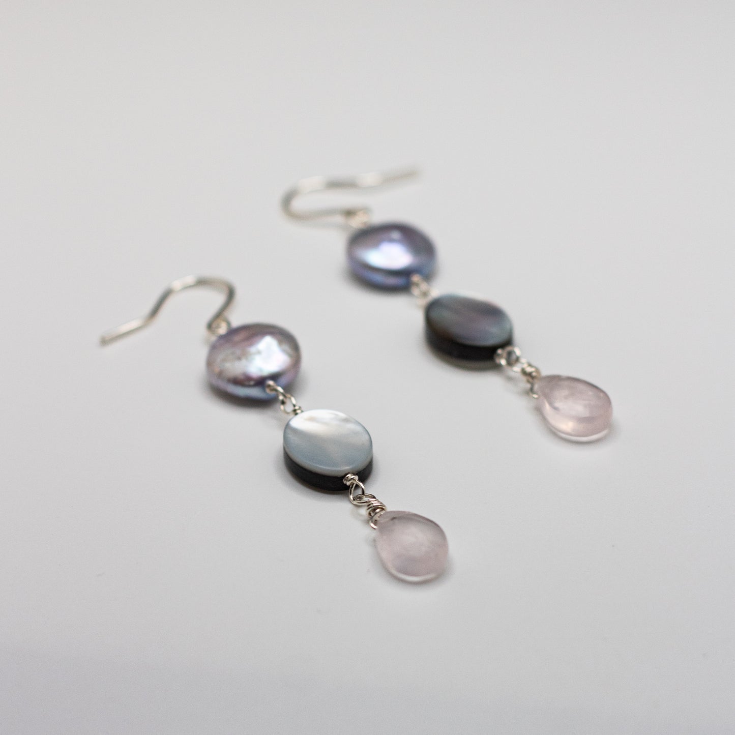 Coin Lavender Pearl, Black Shell & Rose Quartz Earrings (Sterling Silver)