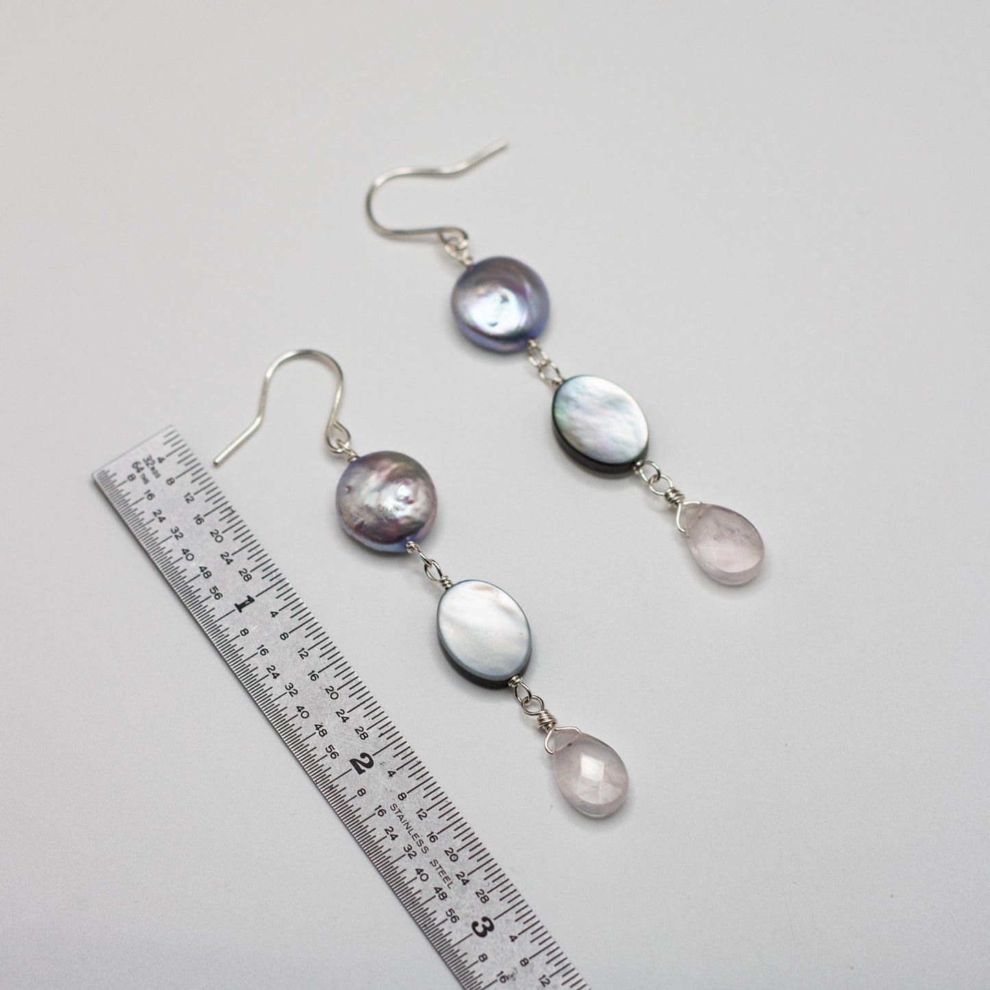 Coin Lavender Pearl, Black Shell & Rose Quartz Earrings (Sterling Silver)