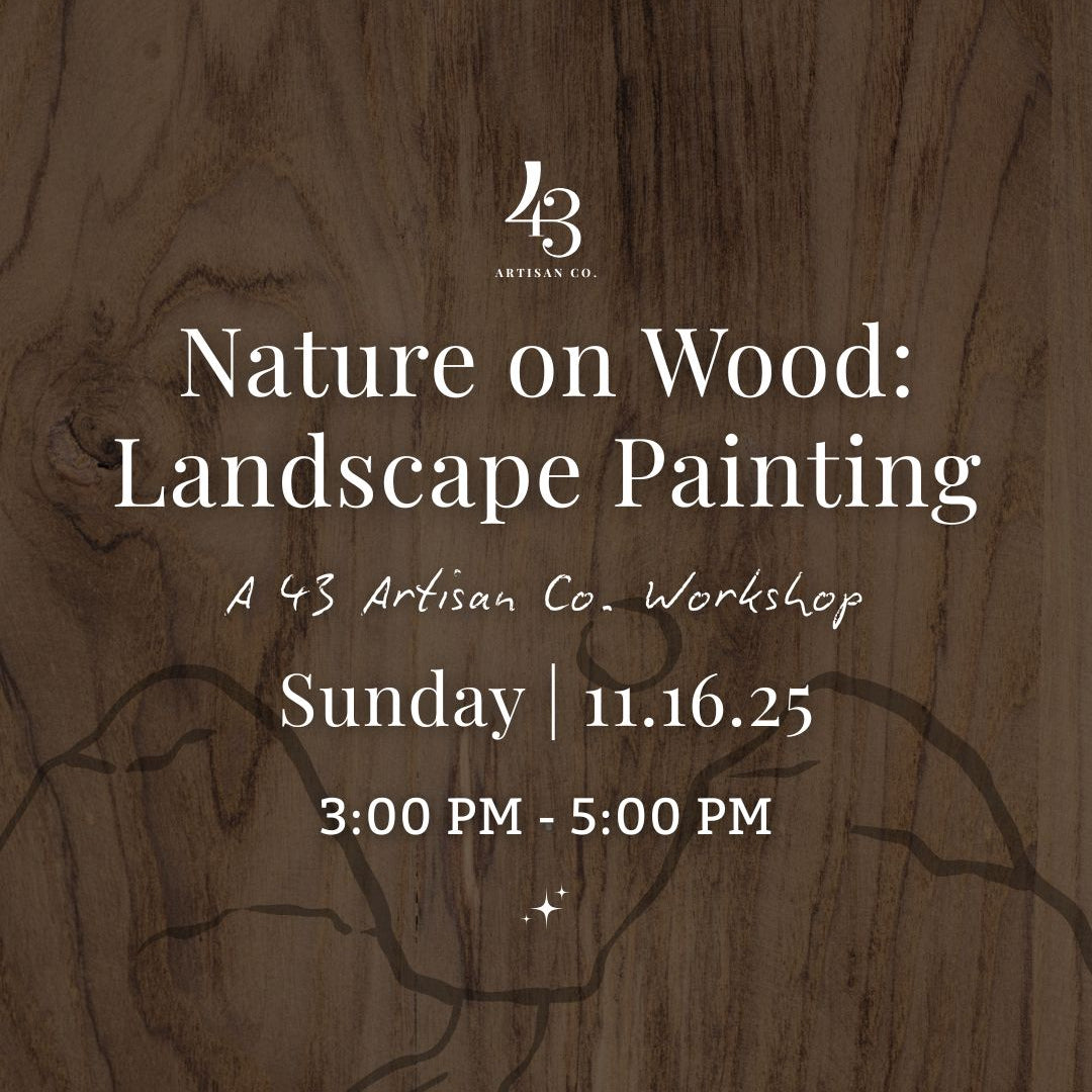 Promotional flyer for a landscape painting workshop on wood with event details.