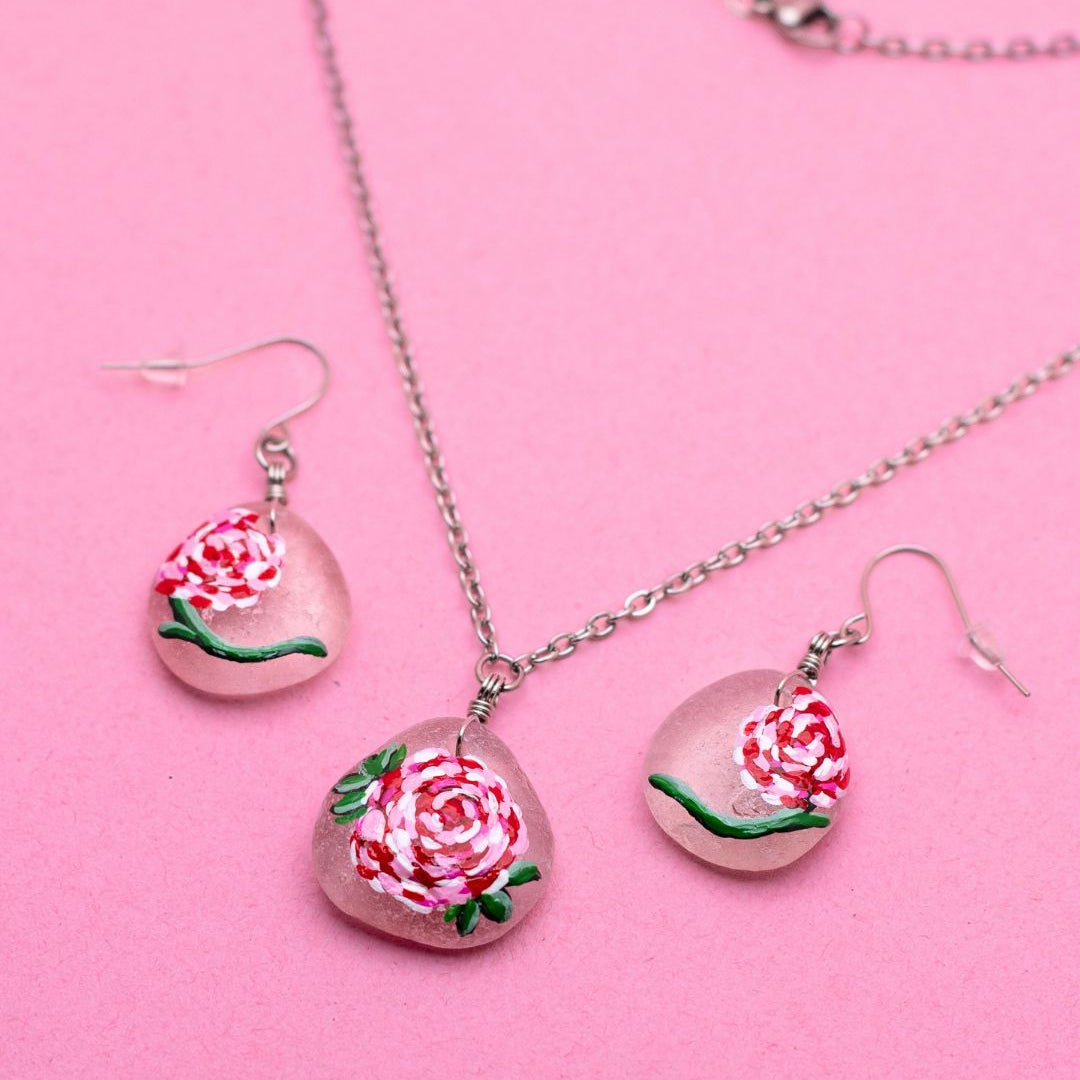 Hand-Painted Rose Beach Glass Necklace & Earring Set 1