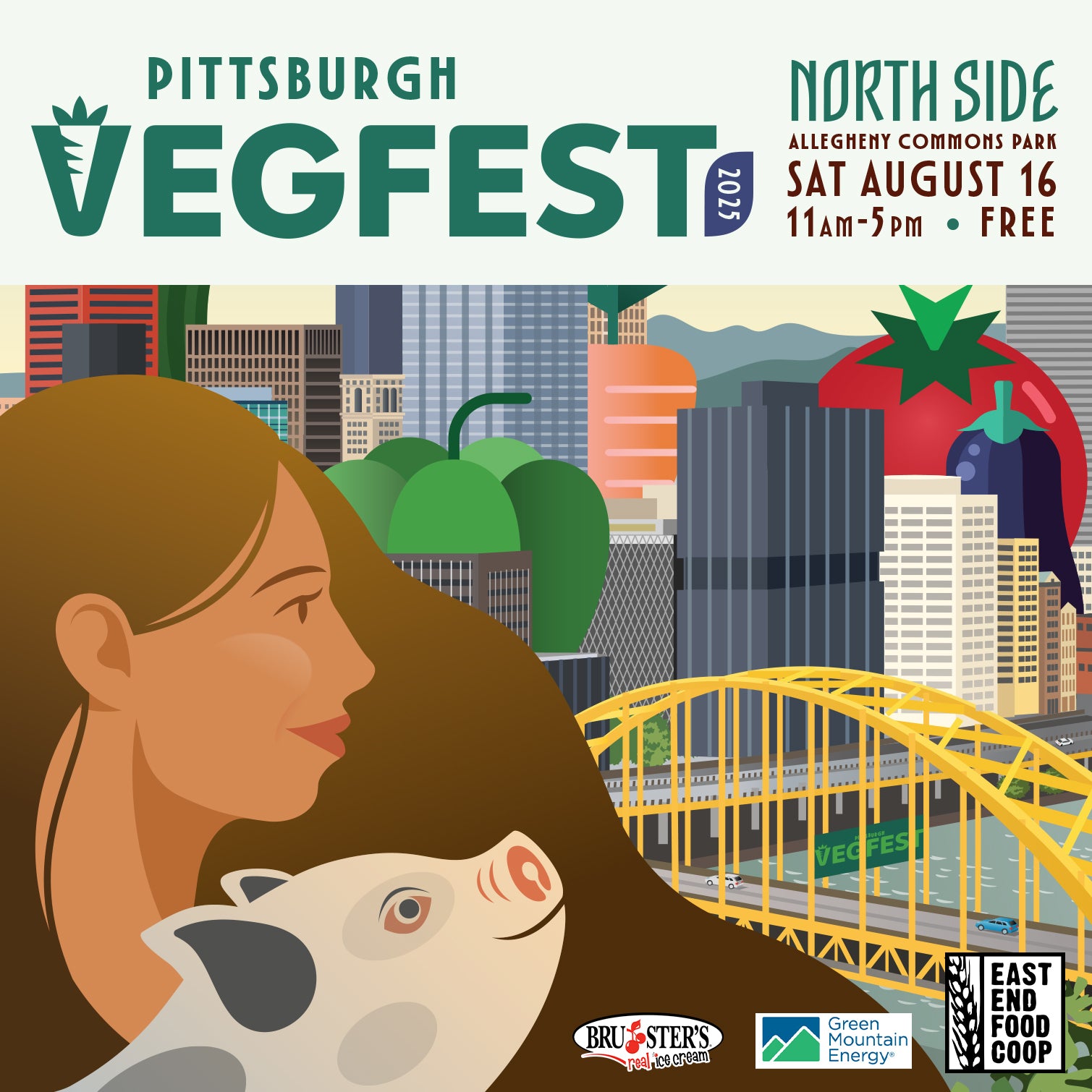 Pittsburgh VegFest 2025 poster featuring animated women with pig overlooking the city of pittsburgh and vegetables.
