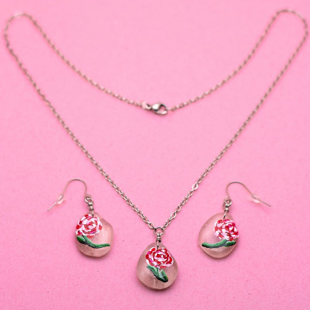 Hand-Painted Rose Beach Glass Necklace & Earring Set 2