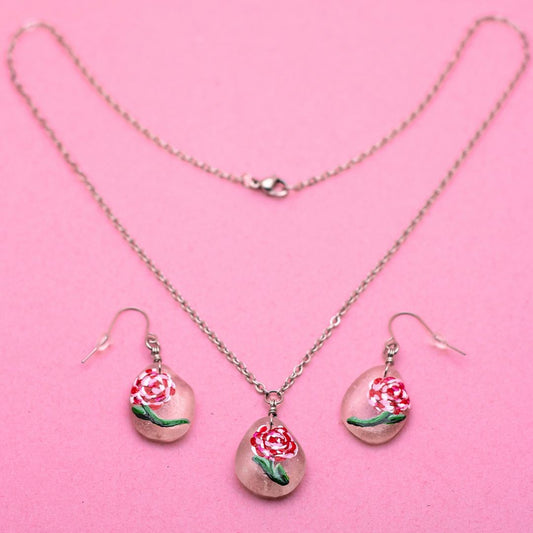 Hand-Painted Rose Beach Glass Necklace & Earring Set 2