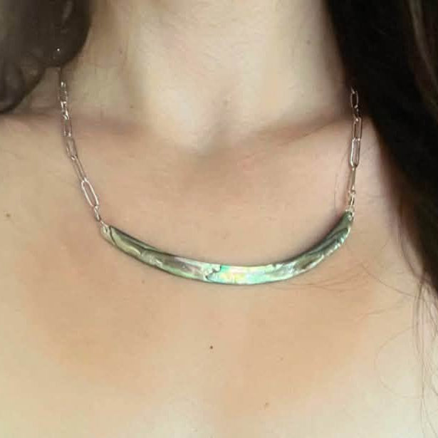 Abalone Bar Textured Paperclip Necklace