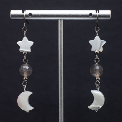 Mother of Pearl Moon & Star Earrings with Faceted Gray Agate
