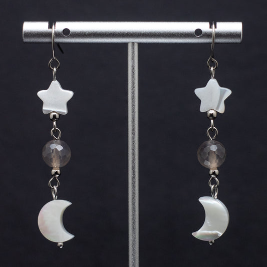 Mother of Pearl Moon & Star Earrings with Faceted Gray Agate
