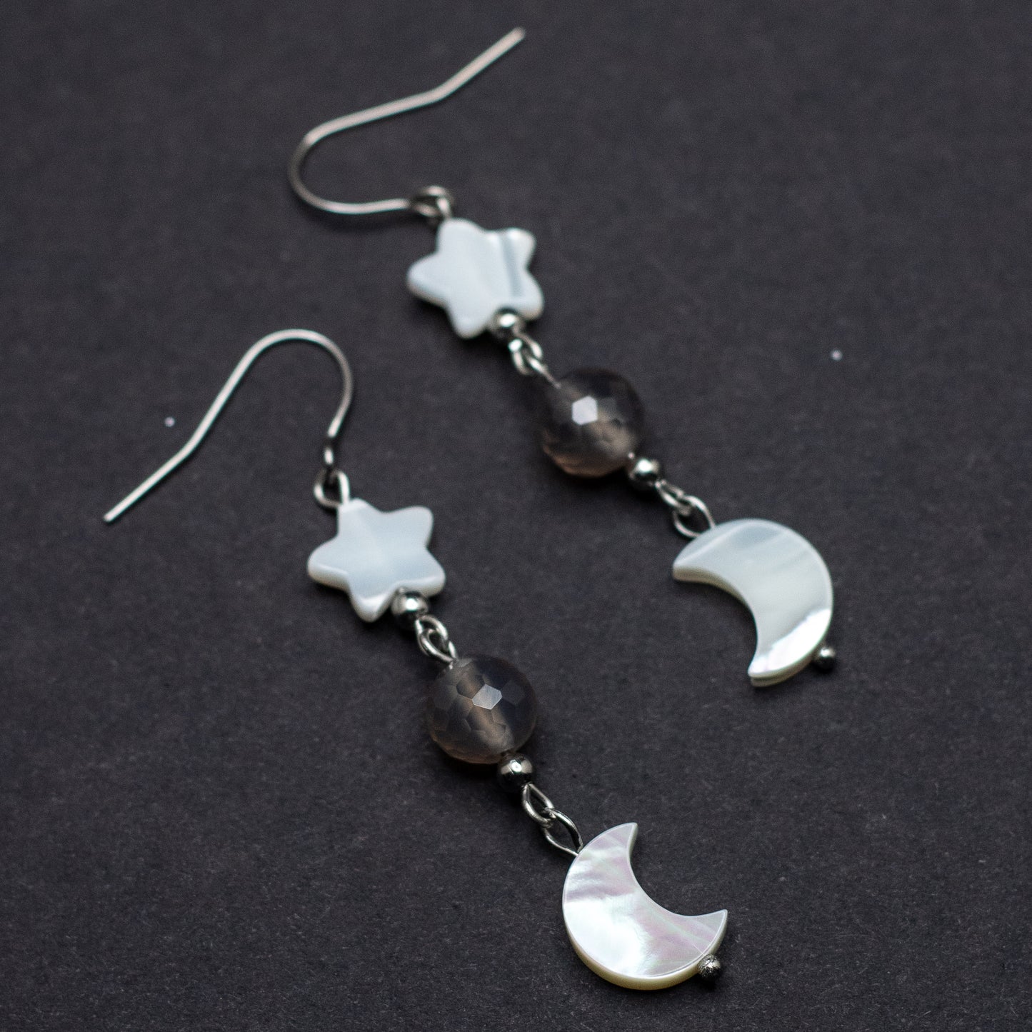 Mother of Pearl Moon & Star Earrings with Faceted Gray Agate