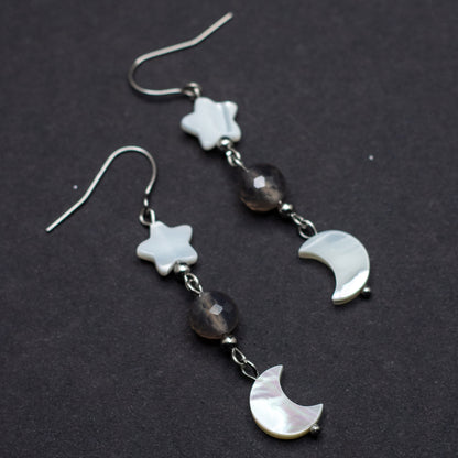 Mother of Pearl Moon & Star Earrings with Faceted Gray Agate