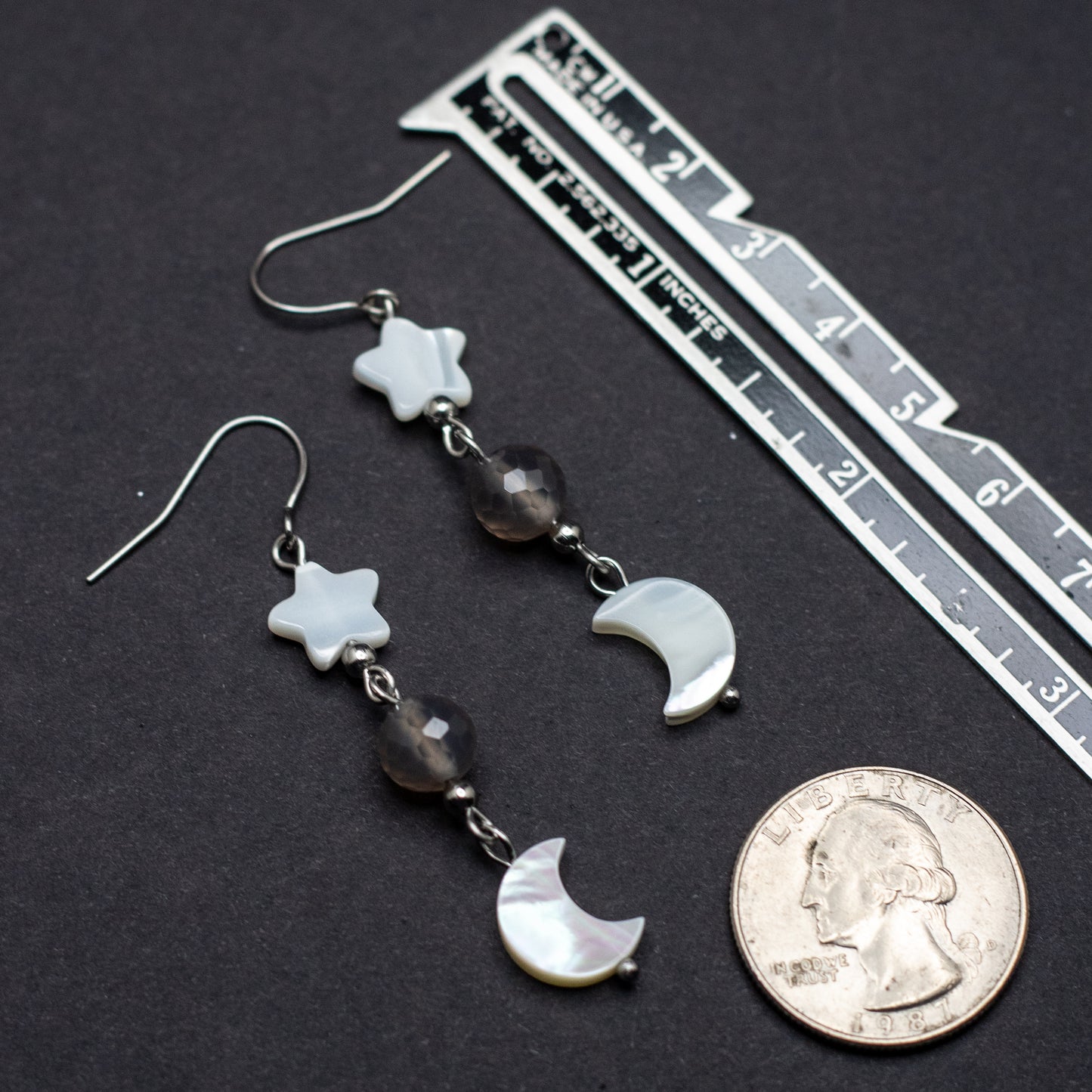 Mother of Pearl Moon & Star Earrings with Faceted Gray Agate