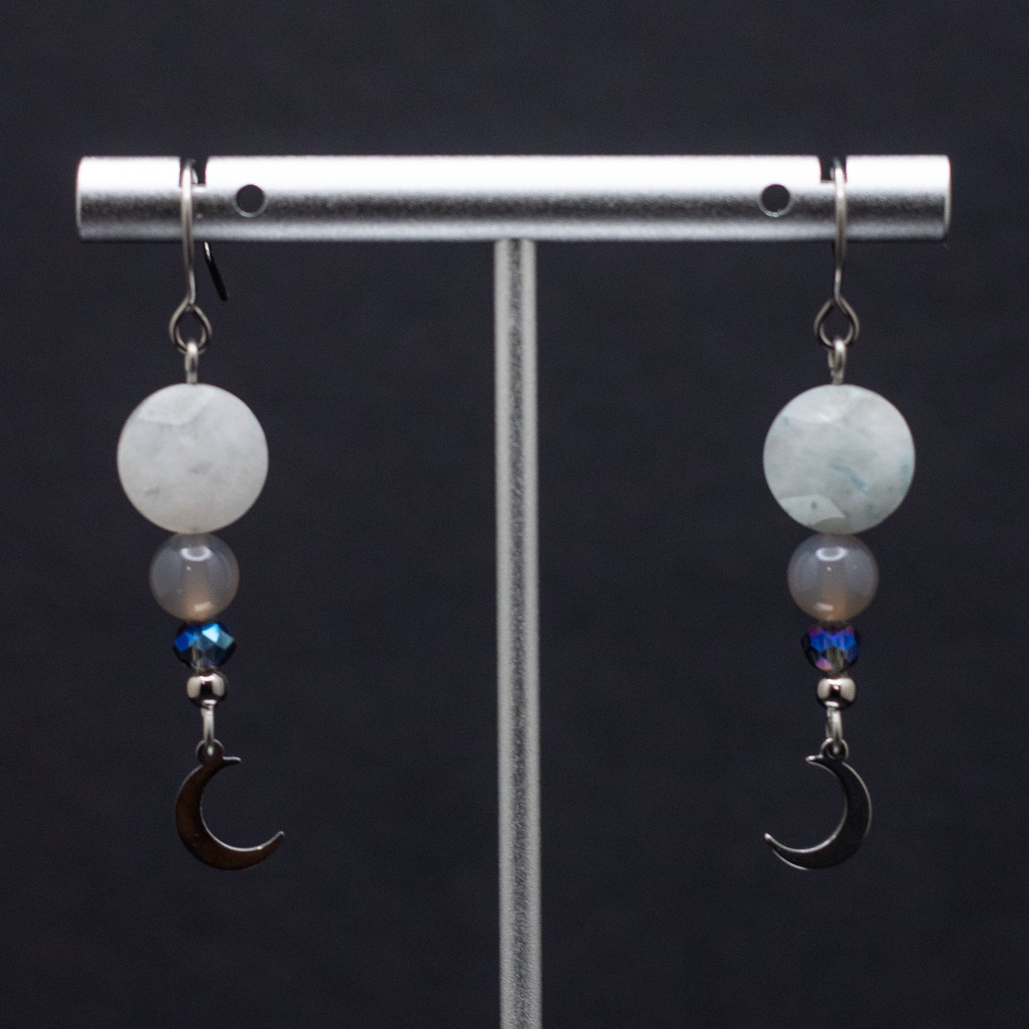 Blue Moonstone, Gray Agate & Crescent Moon Earrings