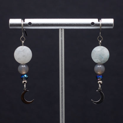 Blue Moonstone, Gray Agate & Crescent Moon Earrings