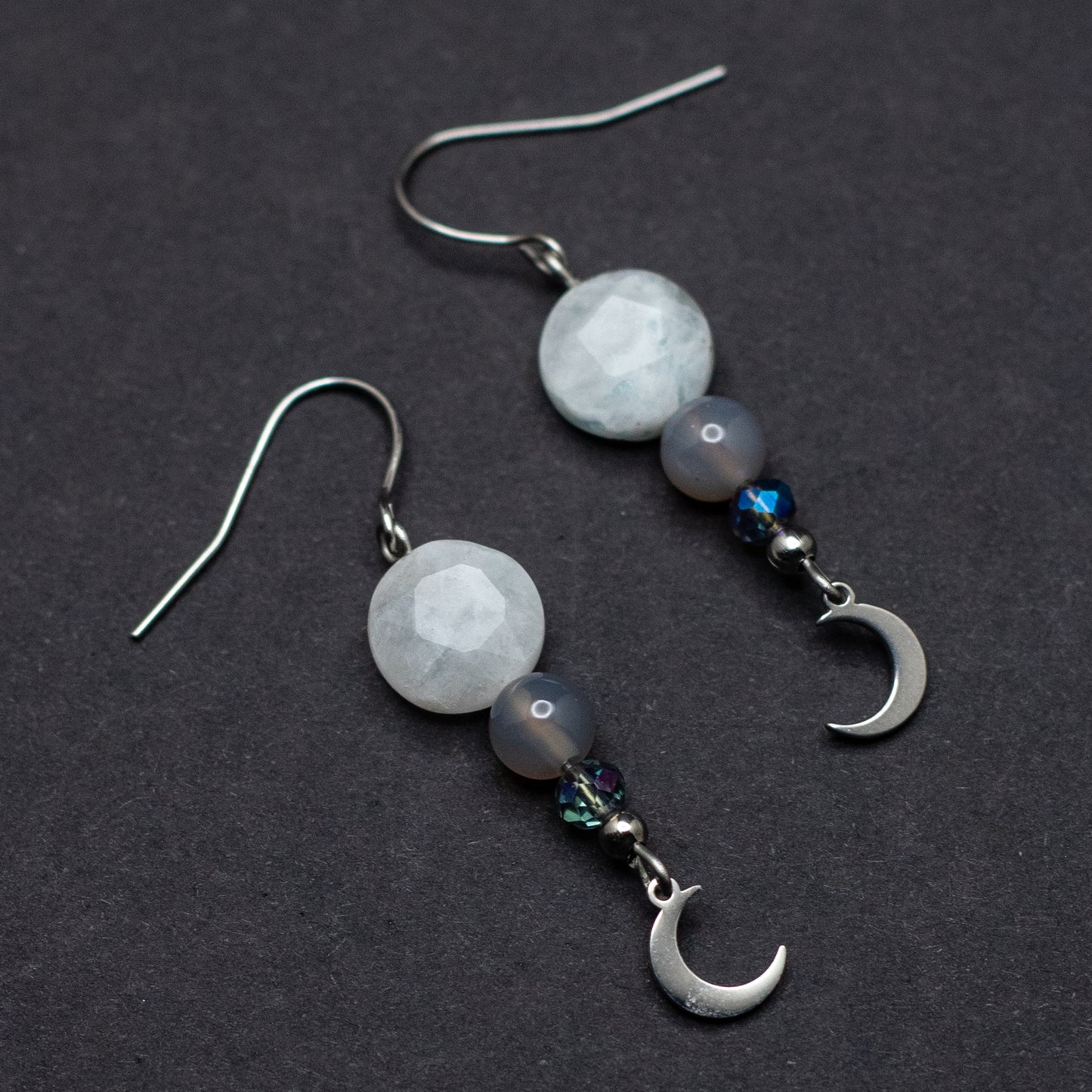 Blue Moonstone, Gray Agate & Crescent Moon Earrings