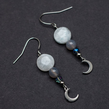 Blue Moonstone, Gray Agate & Crescent Moon Earrings