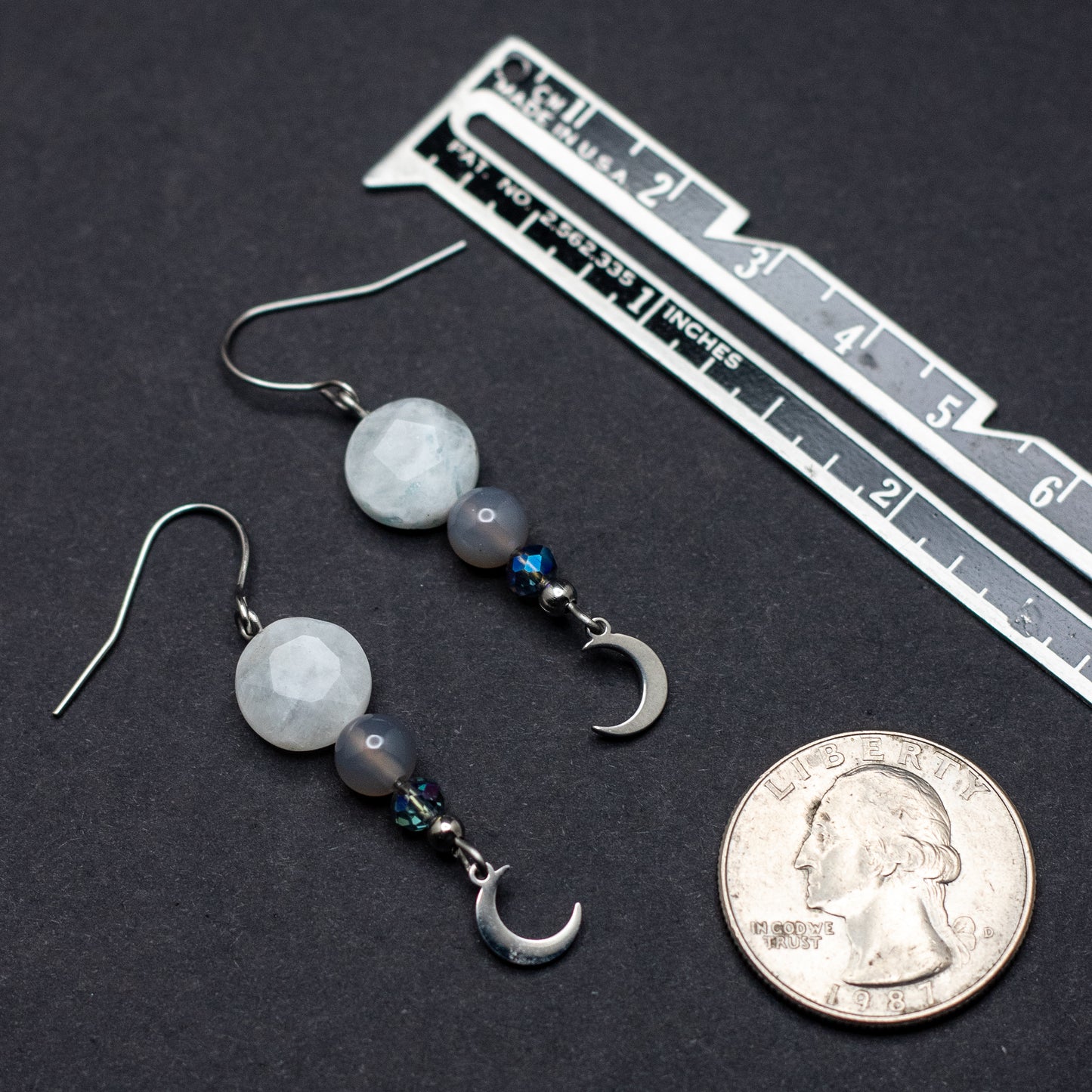 Blue Moonstone, Gray Agate & Crescent Moon Earrings