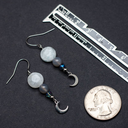 Blue Moonstone, Gray Agate & Crescent Moon Earrings