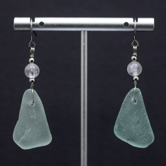 Aqua Beach Glass & Quartz Earrings - Nova Scotia