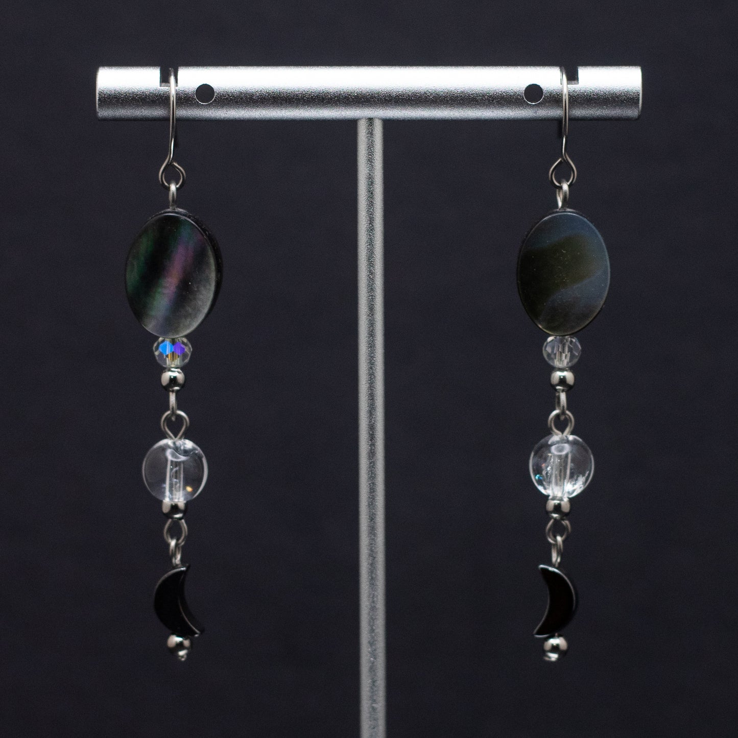 Black Shell, Fire & Ice Quartz, and Hematite Moon Earrings