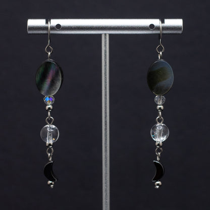 Black Shell, Fire & Ice Quartz, and Hematite Moon Earrings
