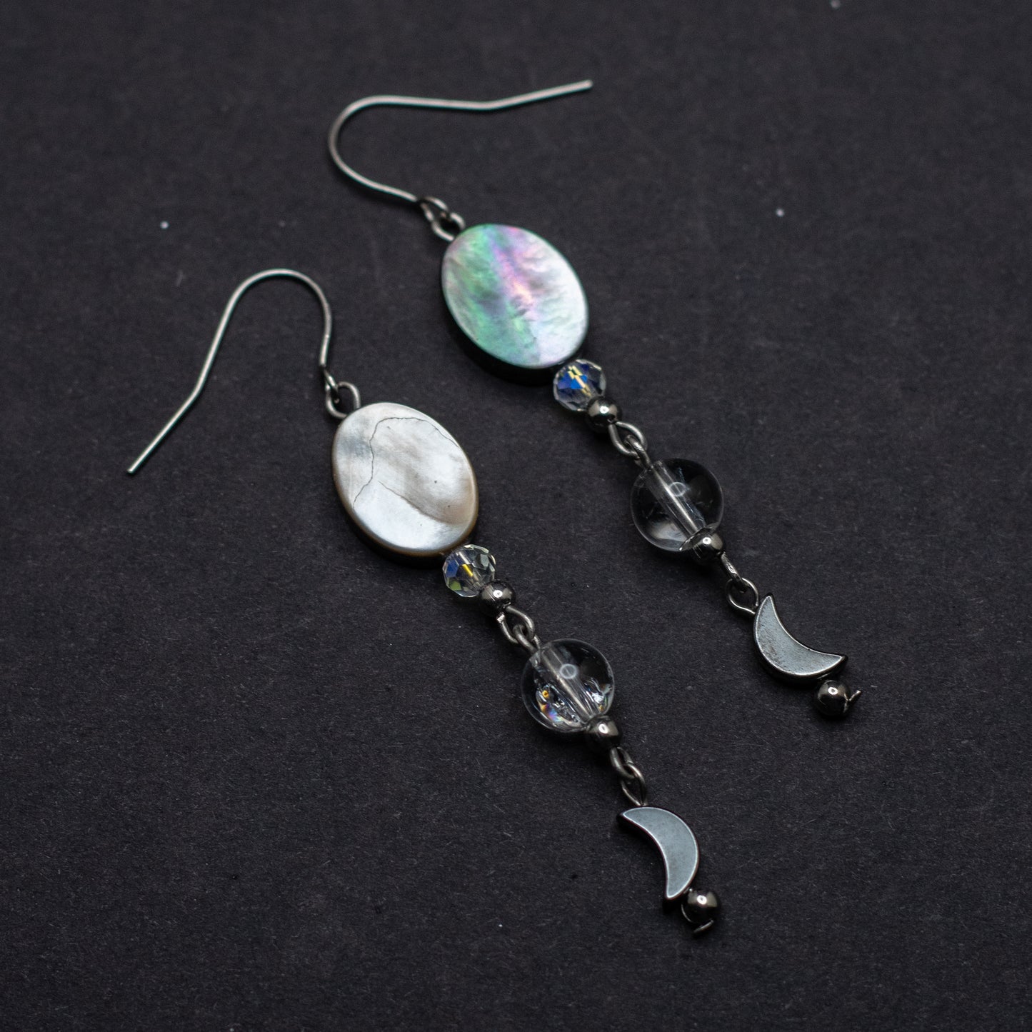 Black Shell, Fire & Ice Quartz, and Hematite Moon Earrings