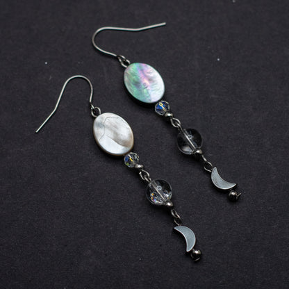 Black Shell, Fire & Ice Quartz, and Hematite Moon Earrings