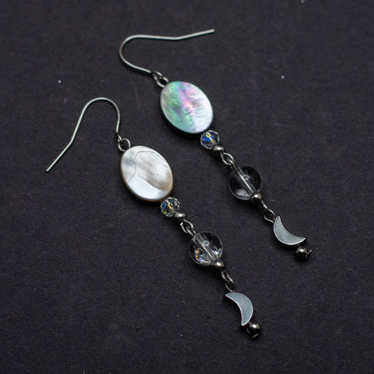 Black Shell, Fire & Ice Quartz, and Hematite Moon Earrings