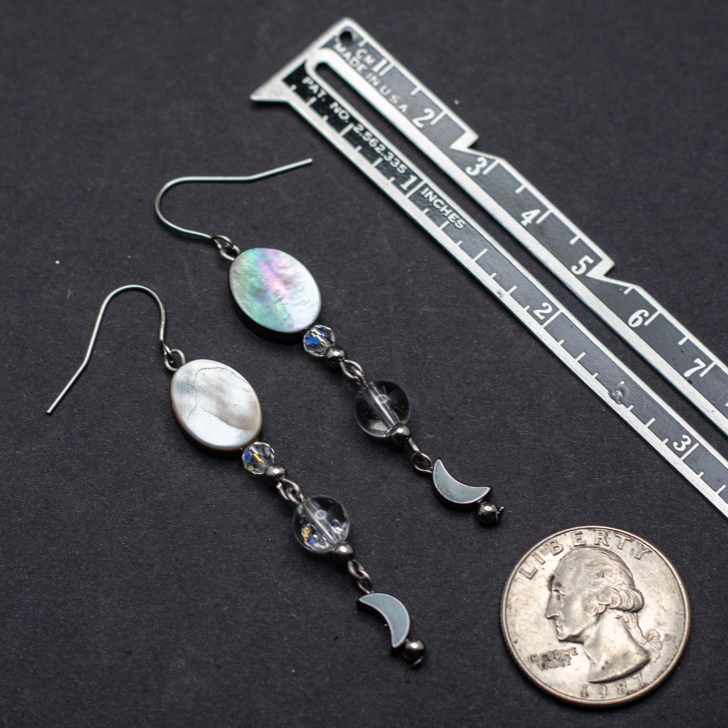 Black Shell, Fire & Ice Quartz, and Hematite Moon Earrings